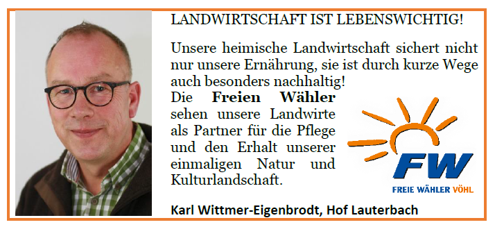 Ist möglicherweise ein Bild von 1 Person und Text „LANDWIRTSCHAFT IST LEBENSWICHTIG! Unsere heimische Landwirtschaft sichert nicht nur unsere Ernährung, sie ist durch kurze Wege auch besonders nachhaltig! Die Freien Wähler sehen unsere Landwirte als Partner für die Pflege und den Erhalt unserer einmaligen Natur und Kulturlandschaft. FW FREIE WÄHLER VÃHL Karl Wittmer-Eigenbrodt, Hof Lauterbach“